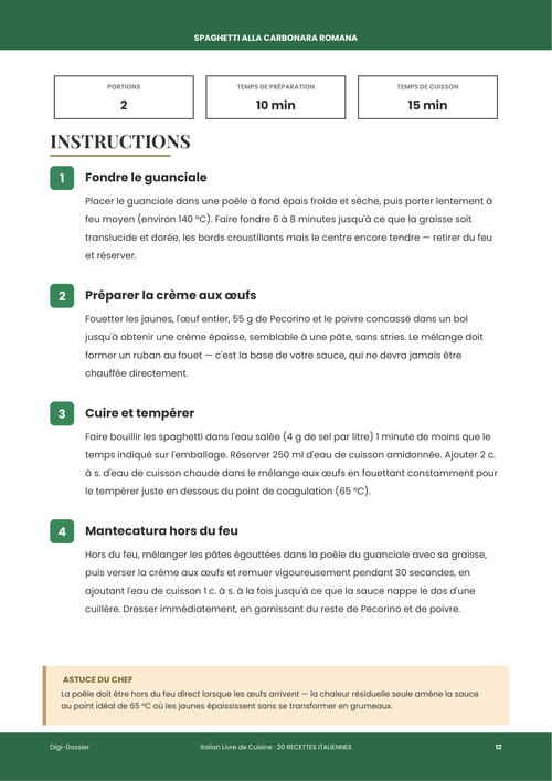Exemple de page d'instructions &mdash; Spaghetti alla Carbonara Romana (recette romaine authentique)