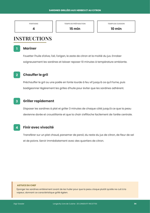 Exemple de page d'instructions &mdash; Sardines Grillées aux Herbes et au Citron (Festin Ikariote d'Oméga-3)