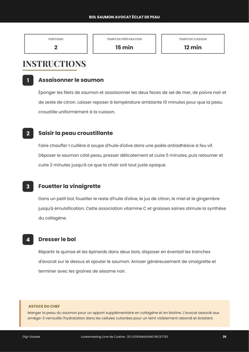 Exemple de page d'instructions &mdash; Bol Saumon Avocat Éclat de Peau (recette riche en oméga-3)