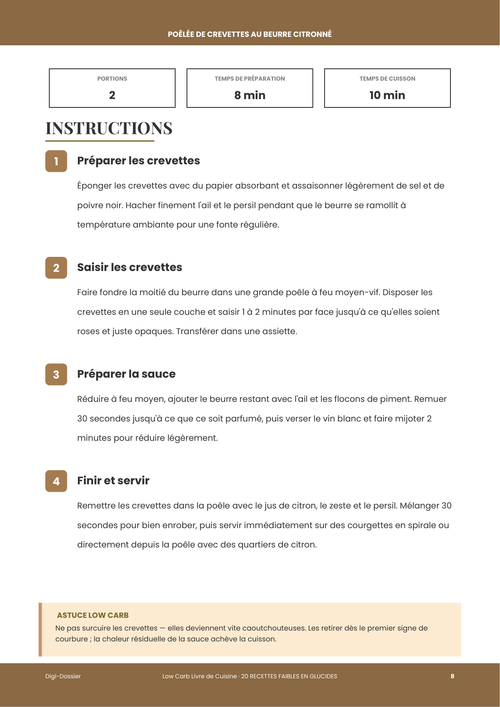 Exemple de page d'instructions &mdash; Poêlée de Crevettes au Beurre Citronné (Dîner Faible en Glucides)