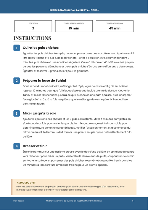 Exemple de page d'instructions &mdash; Hummus classique au Tahini et au citron (Recette levantine authentique)