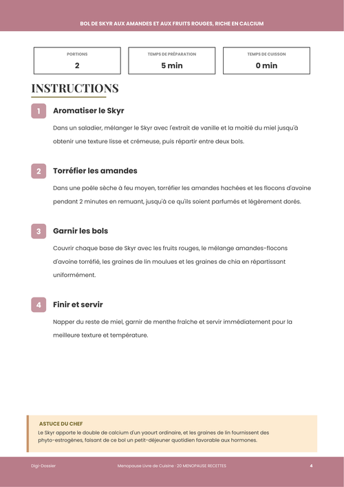 Exemple de page d'instructions &mdash; Bol de Skyr aux Amandes et aux Fruits Rouges, Riche en Calcium (Petit-Déjeuner Fortifiant en 5 Minutes)