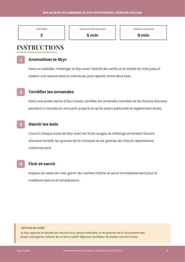 Exemple de page d'instructions &mdash; Livre de Cuisine Ménopause