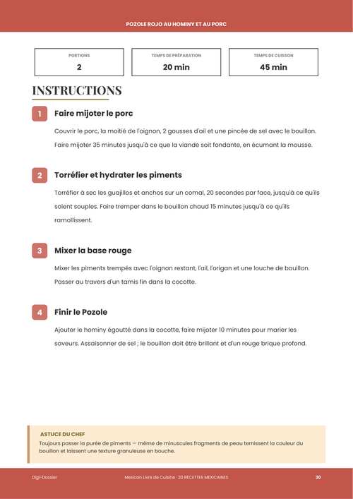 Exemple de page d'instructions &mdash; Pozole Rojo au Hominy et au Porc (Bouillon Rouge à la Façon de Jalisco)