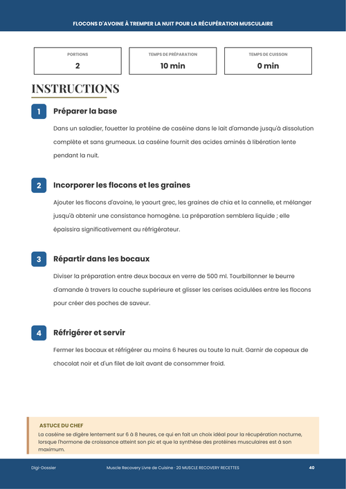 Exemple de page d'instructions &mdash; Flocons d'avoine à tremper la nuit pour la récupération musculaire (Bocal protéiné à la caséine)