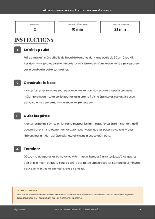 Exemple de page d'instructions &mdash; Pâtes Crémeuses Poulet à la Toscane en Poêle Unique (Dîner en 30 Minutes)
