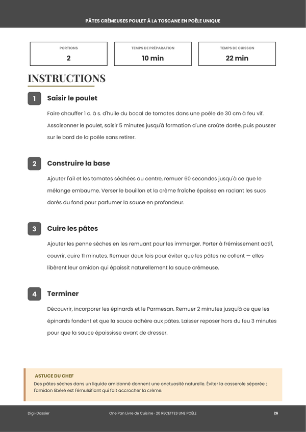 Exemple de page d'instructions &mdash; Livre de Recettes Une Seule Poêle