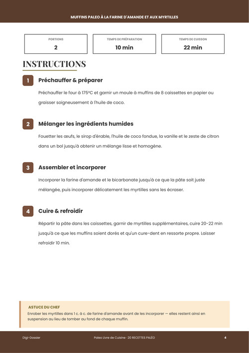 Exemple de page d'instructions &mdash; Muffins Paleo à la Farine d'Amande et aux Myrtilles (sans céréales et moelleux)