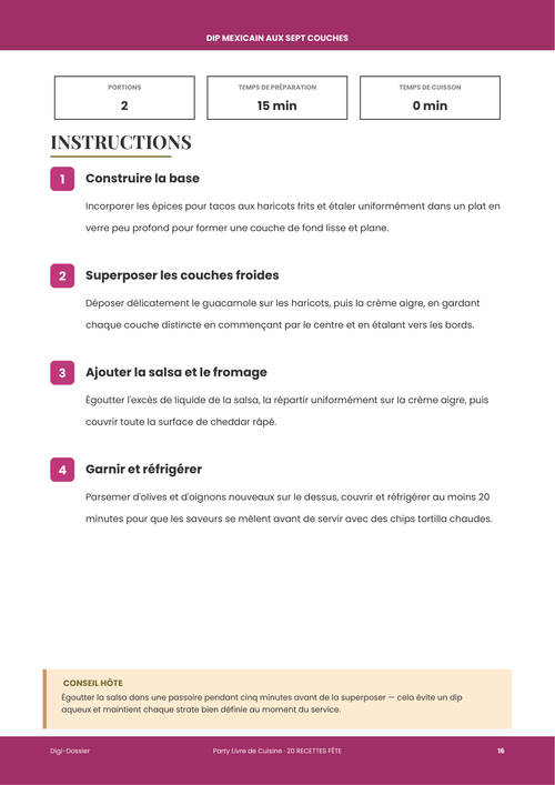 Exemple de page d'instructions &mdash; Dip Mexicain aux Sept Couches (plateau fiesta à préparer à l'avance)