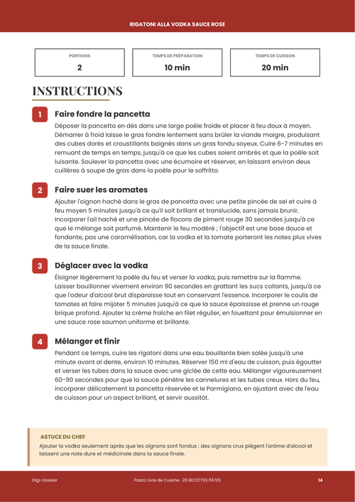 Exemple de page d'instructions &mdash; Rigatoni alla Vodka (sauce rose romano-américaine)