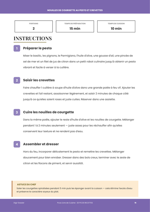 Exemple de page d'instructions &mdash; Nouilles de courgette au pesto et crevettes (plat pauvre en glucides en 20 minutes)