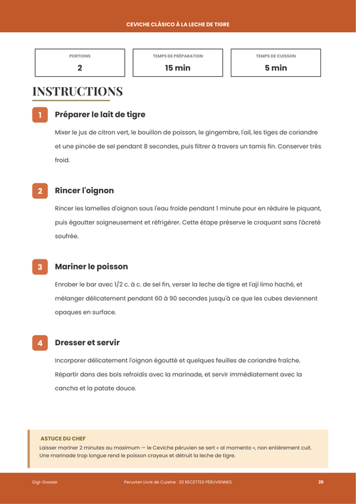 Exemple de page d'instructions &mdash; Ceviche Clásico à la Leche de Tigre (Bar mariné au citron vert, façon péruvienne)