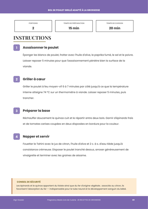 Exemple de page d'instructions &mdash; Bol de Poulet Grillé Adapté à la Grossesse (recette riche en folate)