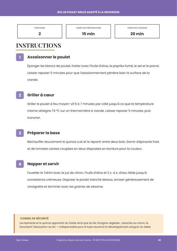 Exemple de page d'instructions &mdash; Repas de Grossesse