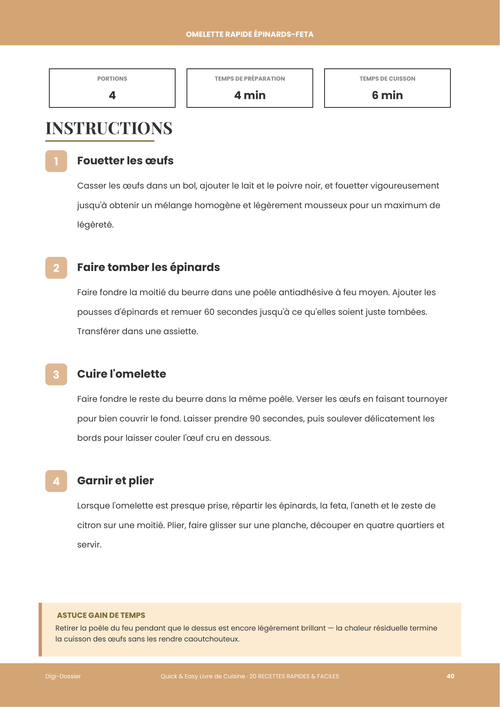 Exemple de page d'instructions &mdash; Omelette rapide épinards-feta (Petit-déjeuner méditerranéen en 10 minutes)