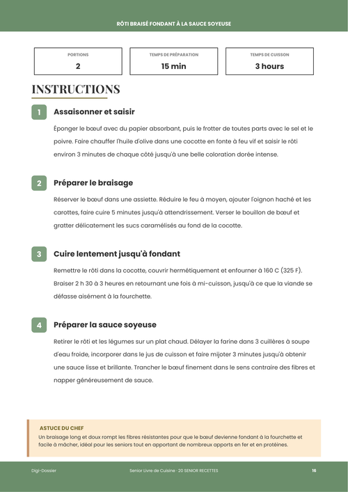 Exemple de page d'instructions &mdash; Rôti braisé fondant à la sauce soyeuse (Braisage lent facile)