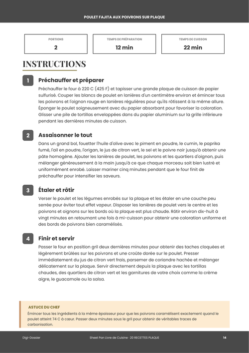 Exemple de page d'instructions &mdash; Poulet Fajita aux Poivrons sur Plaque (Dîner Tex-Mex tout-en-un)
