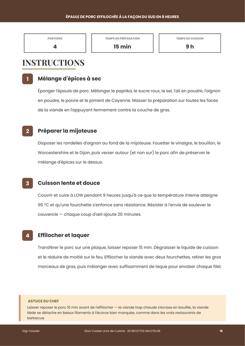 Exemple de page d'instructions &mdash; Épaule de porc effilochée à la façon du Sud en 8 heures (recette à la mijoteuse)