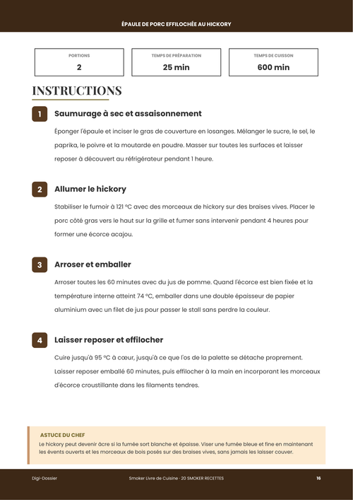 Exemple de page d'instructions &mdash; Épaule de porc effilochée au hickory (recette fumée basse température)