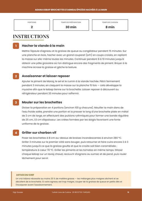 Exemple de page d'instructions &mdash; Adana Kebap (Brochettes d’agneau épicées hachées à la main)
