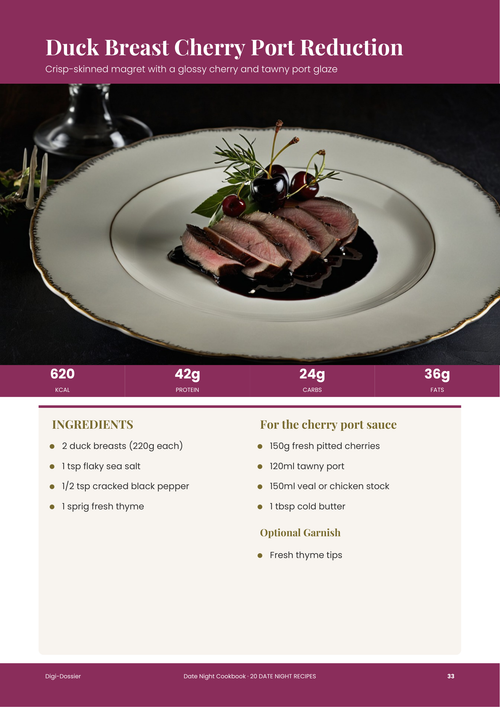 Sample recipe page &mdash; Duck Breast with Cherry Port Reduction (Restaurant-Style Date Night Main)