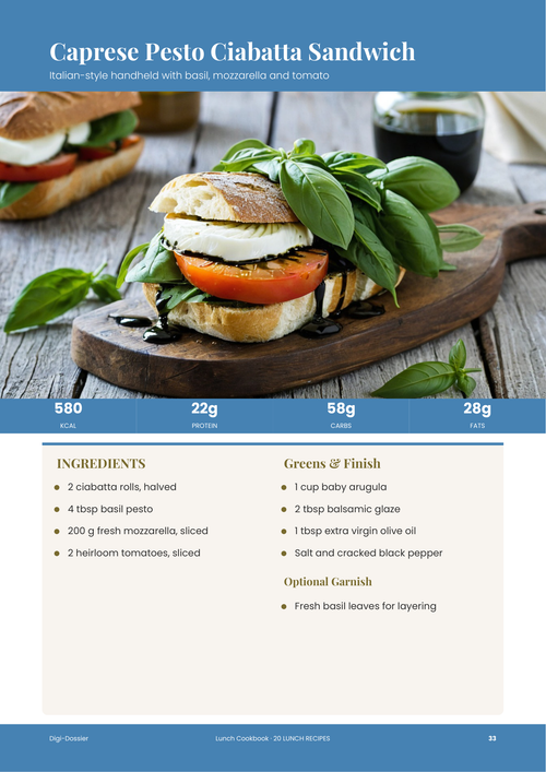 Sample recipe page &mdash; Caprese Pesto Ciabatta Sandwich (Italian-Style Lunch)