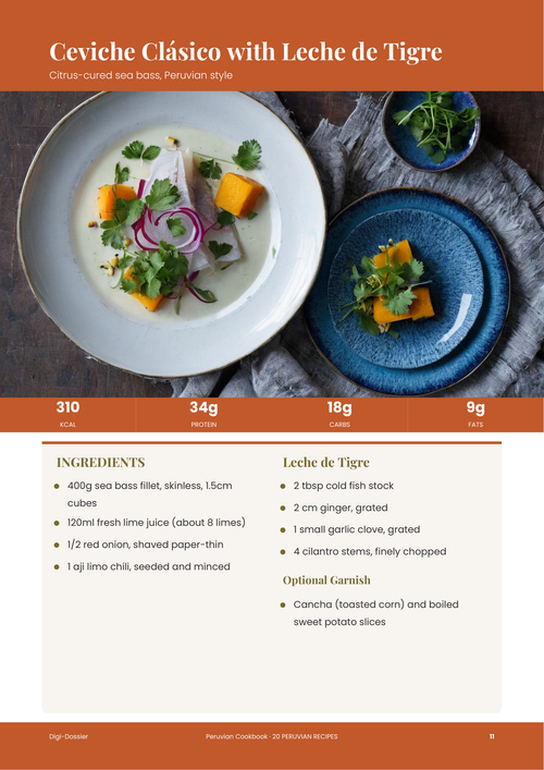 Sample recipe page &mdash; Ceviche Clásico with Leche de Tigre (Peruvian Citrus-Cured Sea Bass)