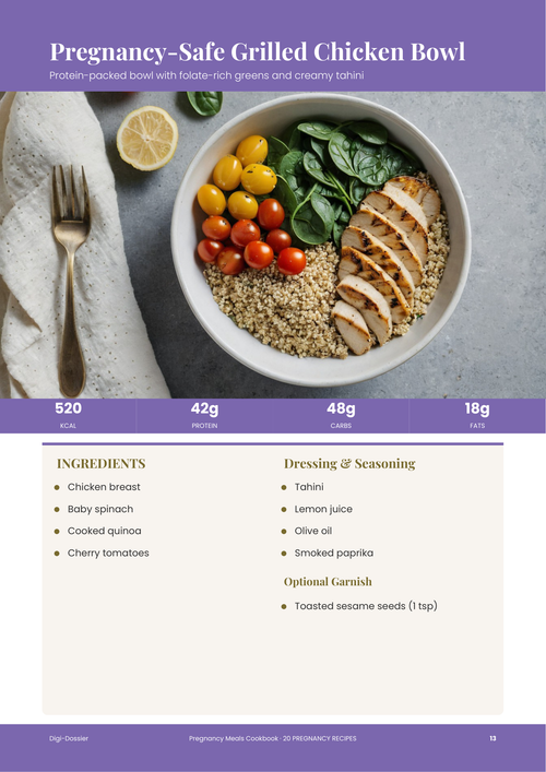 Sample recipe page &mdash; Pregnancy-Safe Grilled Chicken Bowl (Folate-Rich Recipe)