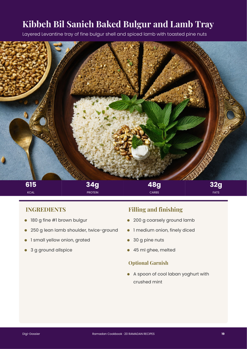Sample recipe page &mdash; Kibbeh Bil Sanieh (Baked Bulgur & Lamb Tray)