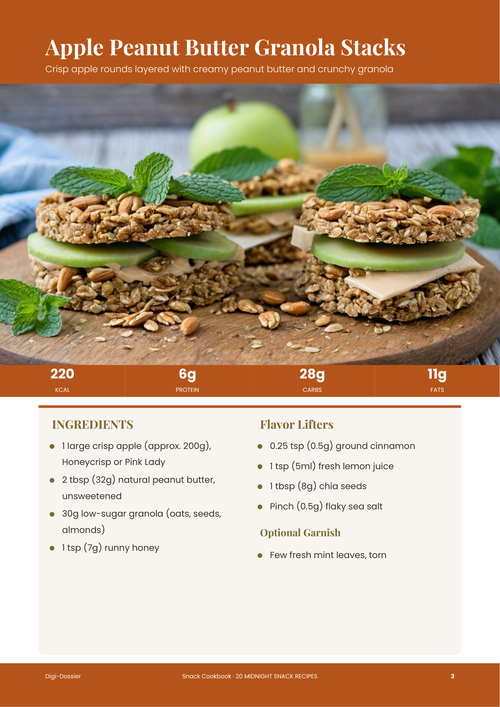 Sample recipe page &mdash; Apple Peanut Butter Granola Stacks (No-Cook Snack)