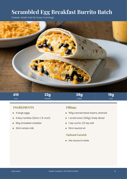 Sample recipe page &mdash; Scrambled Egg Breakfast Burrito Batch (Freezer-Friendly Meal Prep)