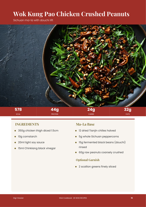 Sample recipe page &mdash; Wok Kung Pao Chicken with Crushed Peanuts (Sichuan Ma-La Stir-Fry)