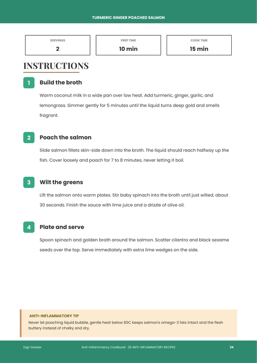 Sample instruction page &mdash; Turmeric Ginger Poached Salmon (Golden Coconut Broth Recipe)
