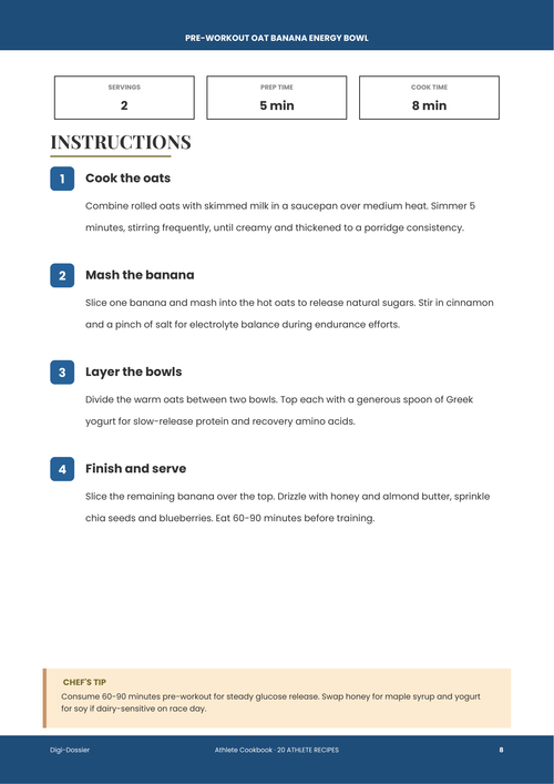Sample instruction page &mdash; Pre-Workout Oat Banana Energy Bowl (Complex-Carb Training Fuel)