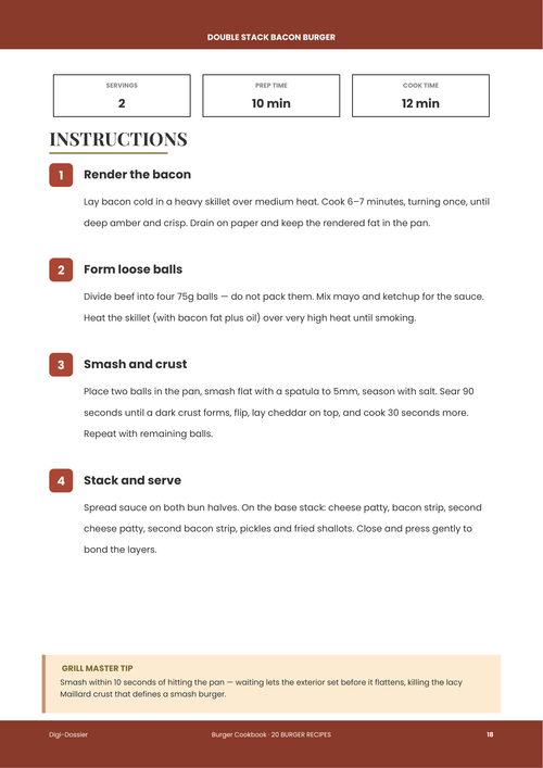 Sample instruction page &mdash; Double Stack Bacon Burger (Crispy Smash Burger Recipe)