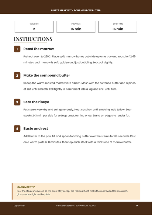 Sample instruction page &mdash; Ribeye Steak with Bone Marrow Butter (Cast-Iron Carnivore Recipe)