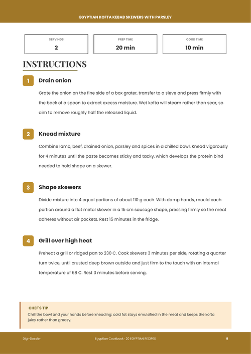 Sample instruction page &mdash; Egyptian Kofta Kebab Skewers (Grilled Lamb & Beef)
