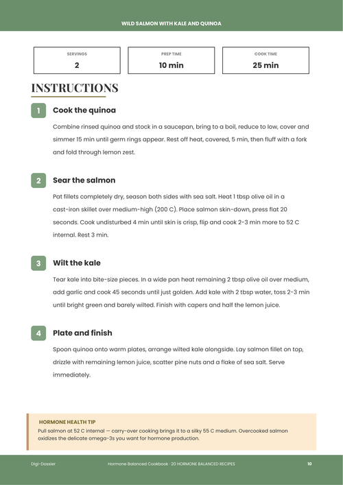 Sample instruction page &mdash; Wild Salmon with Kale and Quinoa (Omega-3 Hormone-Balancing Dinner)