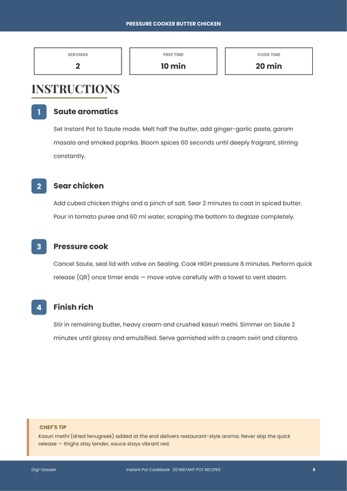 Sample instruction page &mdash; Pressure Cooker Butter Chicken (Creamy Tomato Chicken Makhani)