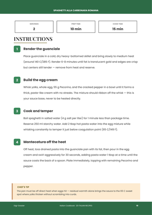 Sample instruction page &mdash; Spaghetti alla Carbonara Romana (Authentic Roman Recipe)