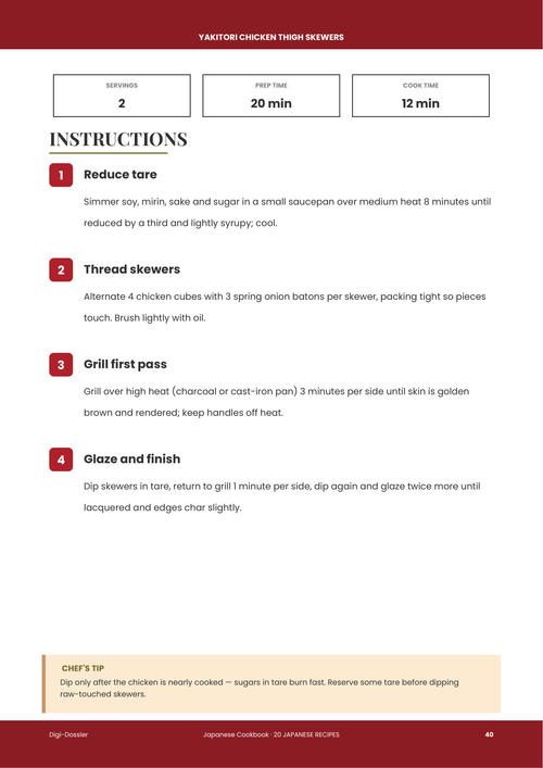 Sample instruction page &mdash; Yakitori Chicken Thigh Skewers (Charcoal-Glazed Tare Recipe)