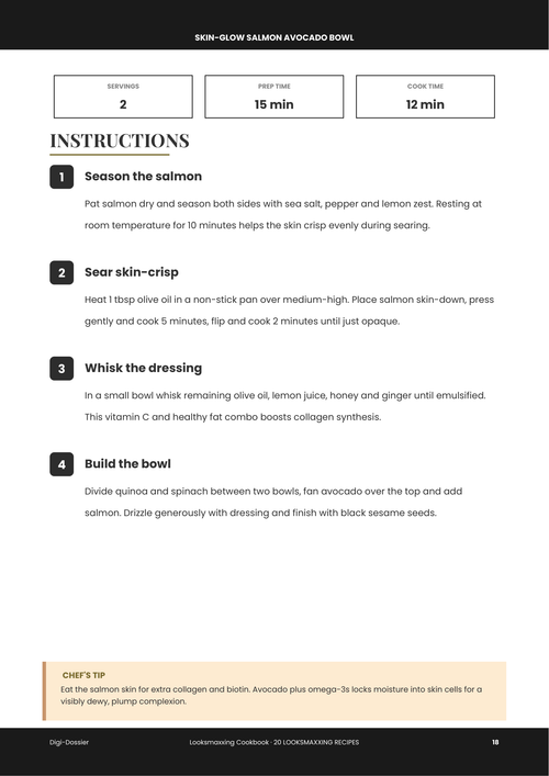 Sample instruction page &mdash; Skin-Glow Salmon Avocado Bowl (Omega-Rich Glow Recipe)