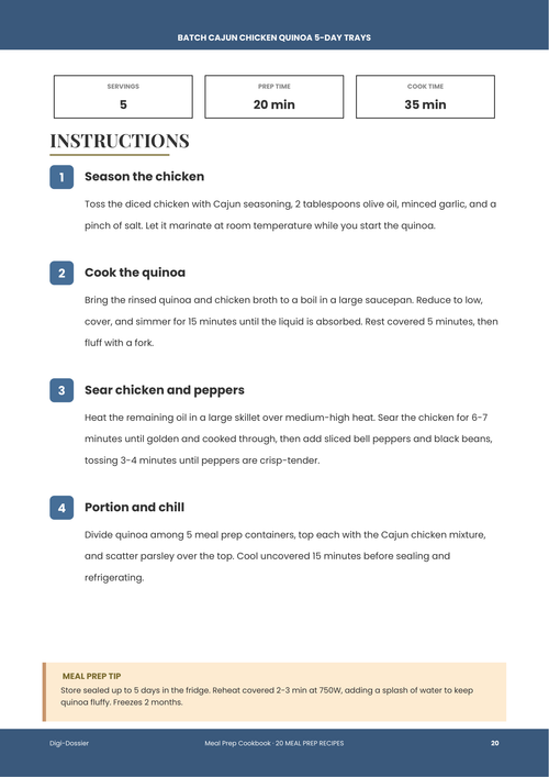 Sample instruction page &mdash; Batch Cajun Chicken Quinoa Trays (5-Day Meal Prep)