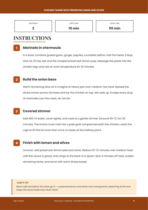 Sample instruction page &mdash; Chicken Tagine with Preserved Lemon and Olives (Classic Marrakchi M'qualli)