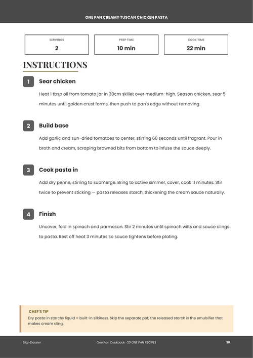 Sample instruction page &mdash; One Pan Creamy Tuscan Chicken Pasta (30-Minute Skillet Dinner)