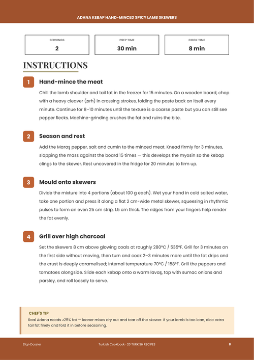 Sample instruction page &mdash; Adana Kebap (Hand-Minced Spicy Lamb Skewers)