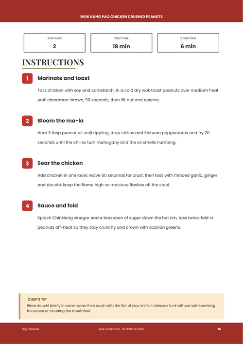 Sample instruction page &mdash; Wok Kung Pao Chicken with Crushed Peanuts (Sichuan Ma-La Stir-Fry)